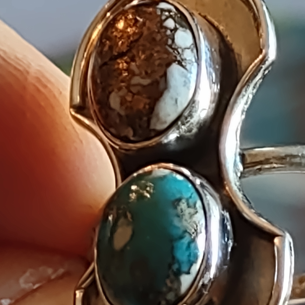 Sterling MB Navajo Double Turquoise Ring — Blue & Matrix Cabs, 925, Sz [insert] - Picture 3 of 15